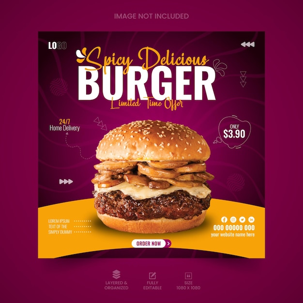 Vector voedsel menu en hamburger social media post ontwerpsjabloon