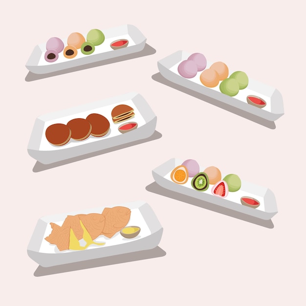 Voedsel van de Japanse nationale keuken Japanse Desserts mochi tayaki en dorayaki Vector illustratie