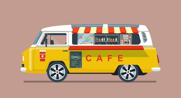 Voedsel vrachtwagen bestelwagen geïsoleerd. café op wielen. vector illustratie.