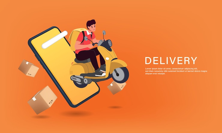 Vector voedselbezorger in geel uniform zit op een scooter of motorfiets met een doos