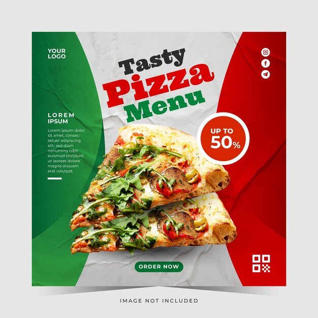 Vector voedselmenu en heerlijke pizza instagram post banner sjabloon