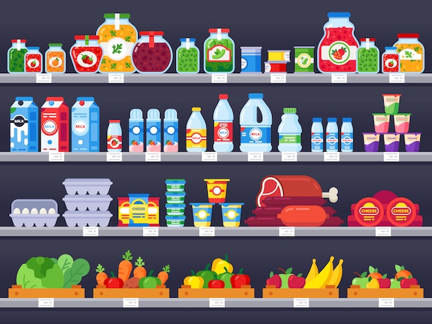 Voedselproducten op winkelplank. Supermarkt winkelen planken, etalage etalage en keuze verpakt maaltijd producten verkoop illustratie