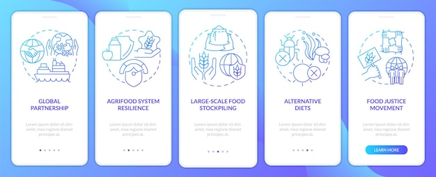 Voedselveiligheid benadert blauwe gradiënt onboarding mobiele app-scherm Doorloop 5 stappen grafische instructiepagina's met lineaire concepten UI UX GUI-sjabloon Myriad ProBold Reguliere lettertypen gebruikt