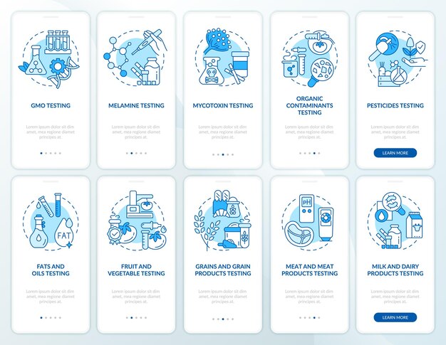 Voedselveiligheid testen blauwe onboarding mobiele app scherm set analyse walkthrough 5 stappen grafische instructie pagina's met lineaire concepten ui ux gui sjabloon myriad probold reguliere lettertypen gebruikt