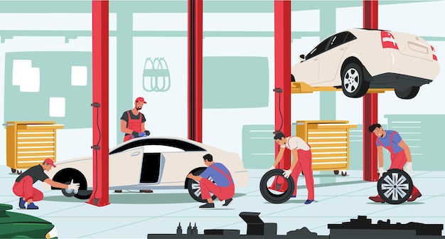 Voertuig reparatie onderhoud en tot vaststelling van service werknemers banden wisselen bij garage mannelijke karakters dragen uniforme montage banden op auto staan op lift bij monteur workshop cartoon mensen vector illustratie