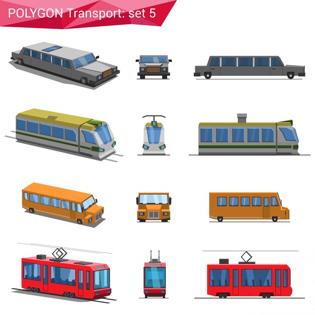 Vector voertuigen in veelhoekige stijl instellen illustraties.