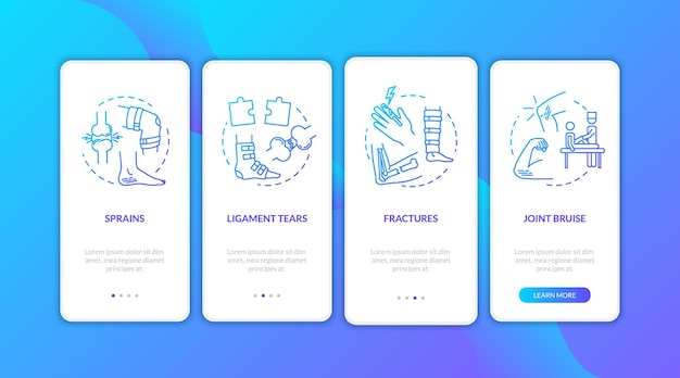 Voet- en handtrauma's onboarding mobiele app-paginascherm met concepten. Gewrichtsbloeding, peesblessure walkthrough 4 stappen grafische instructies. UI-vectorsjabloon met RGB-kleurenillustraties.