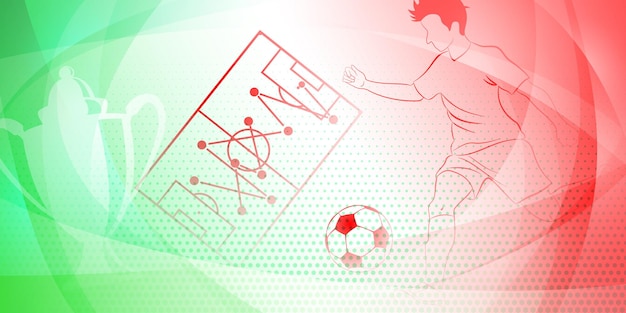 Voetbal achtergrond met een voetballer die de bal schopt en andere sportsymbolen in de nationale kleuren van Italië of Mexico