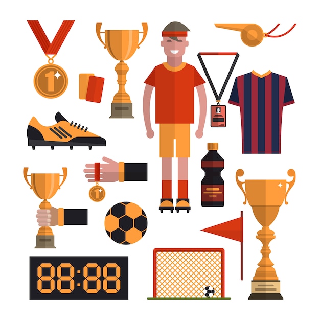 Voetbal elementen instellen. Voetbal geïsoleerde ontwerpelementen in vlakke stijl. Speler, laarzen, bal, uniform, beker, poorten.