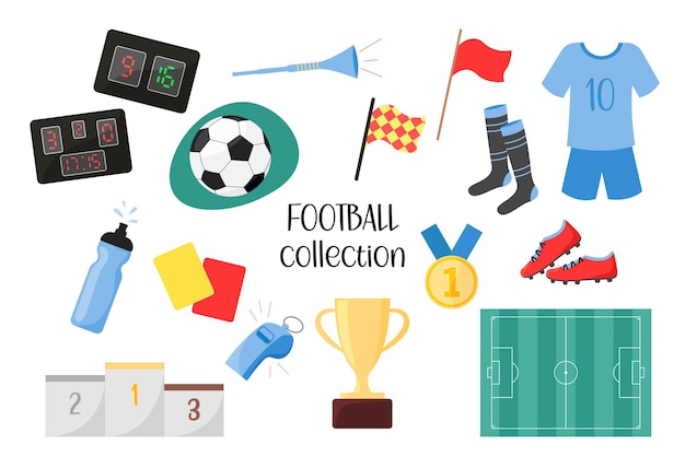 Voetbal elementen set Vector collectie voetbal spel objecten geïsoleerd op witte achtergrond Vlakke afbeelding van bal voor voetbal sport spel apparatuur en doek