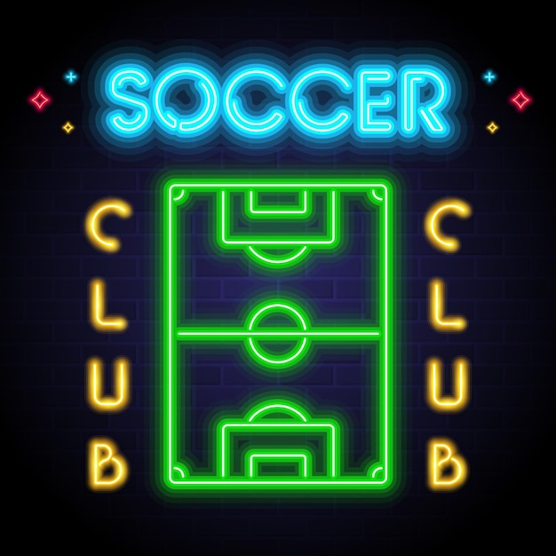 Voetbal en voetbal station teken ontwerp met neon licht gloeiende vectorillustratie