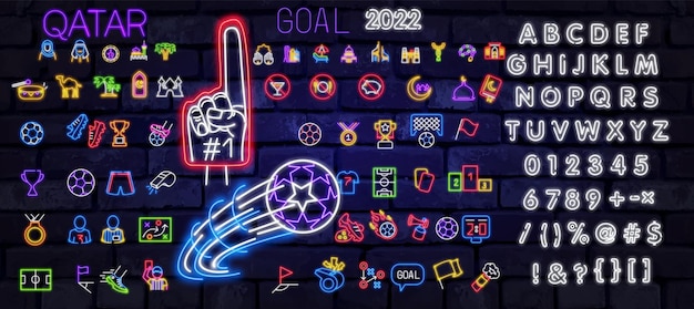 Voetbal icon set geïsoleerde voetbal neon teken uniform beker bal fluitje voetbal voetbal veld scor...