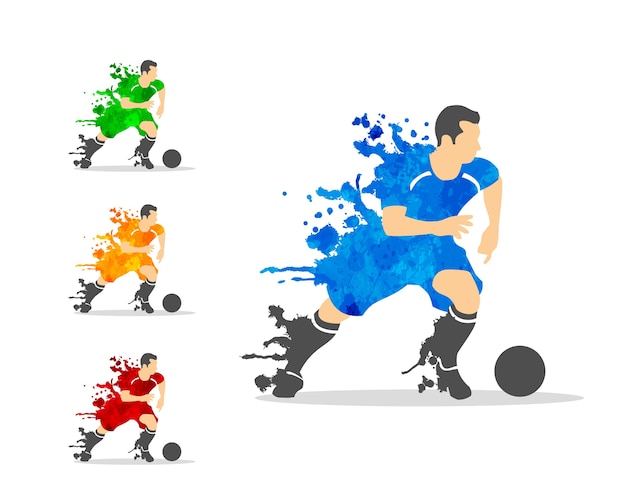 Voetbal of voetbal speler in een actie met splash splat en aquarel