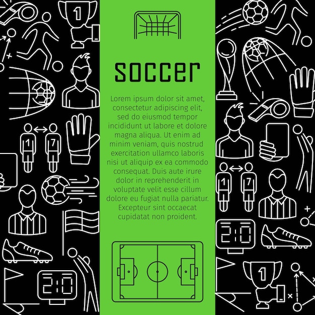 Voetbal vector banner ontwerpconcept met dunne lijn kunst iconen