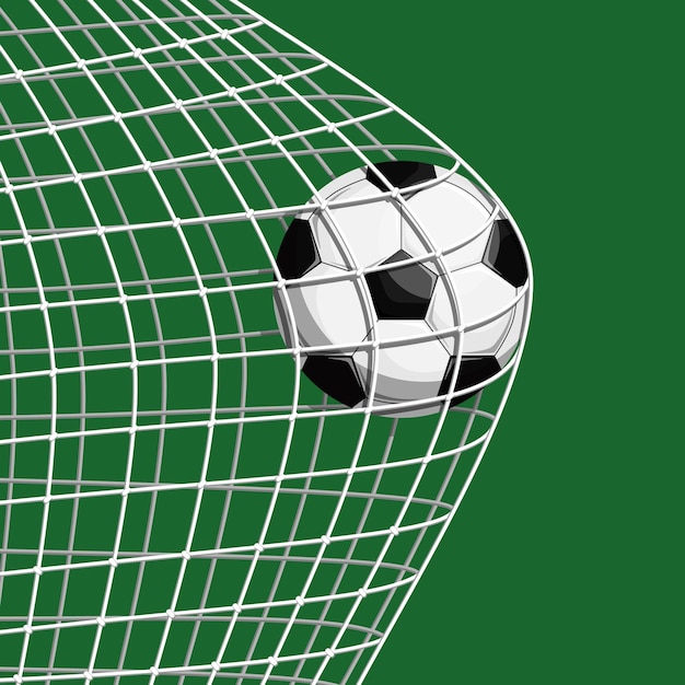 Voetbal voetbal bal scoren doelpunt in net doelpalen op veld vectorillustratie Geïsoleerde sport gear