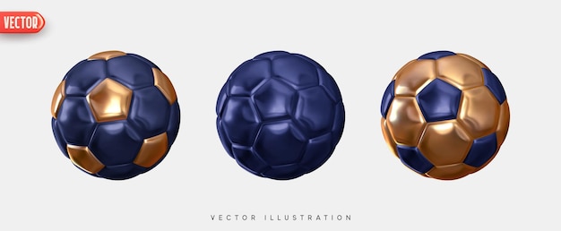 Voetbal. Voetbalballen Realistische 3D-ontwerpstijl instellen. Ledertextuur blauwe elektrische en zwarte kleur. Mockup van sportelementen geïsoleerd op een witte achtergrond. vectorillustratie