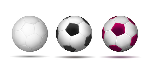 Voetbal voetbalballen set paarse witte en zwarte kleur mockup van sportelementen