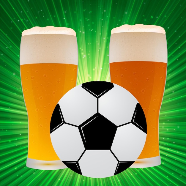 Voetbalbal en glazen bier op een heldergroene achtergrond met lichtstralen Voetbalconcept Sport bar banner