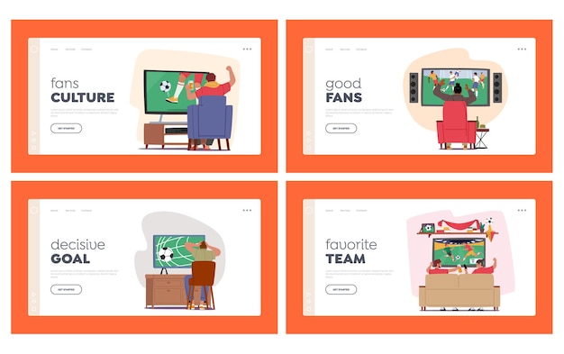 Voetbalfans landing page template set mannelijke personages voetbalsupporters kijken naar de wedstrijd thuis op tv zittend op de bank