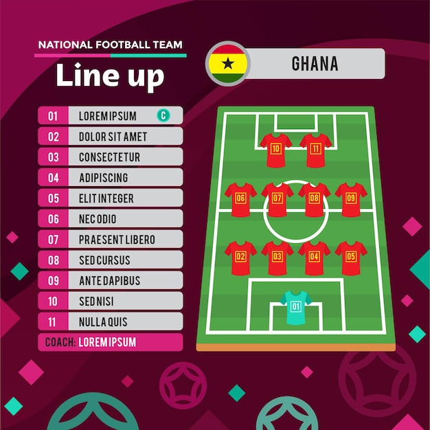 Voetbalkampioenschap 2022 Ghana team line-up poster in plat ontwerp