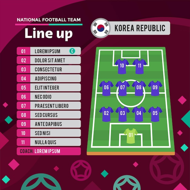 Voetbalkampioenschap 2022 zuid-korea team line-up poster in plat ontwerp