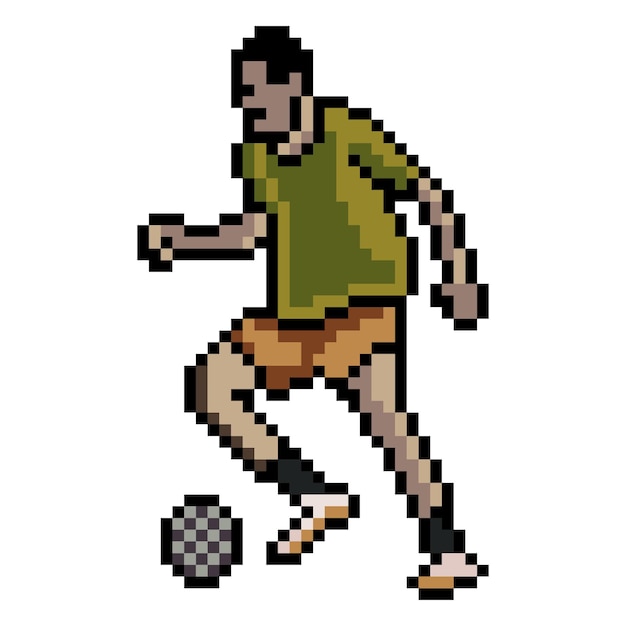 Voetballer die bal schopt met pixelart. vector illustratie