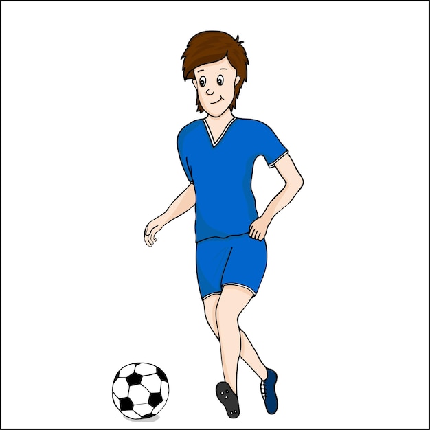 Voetballer. een leuke jongen voetballen. jongen speelt met een bal. handgetekende voetbal illustratie