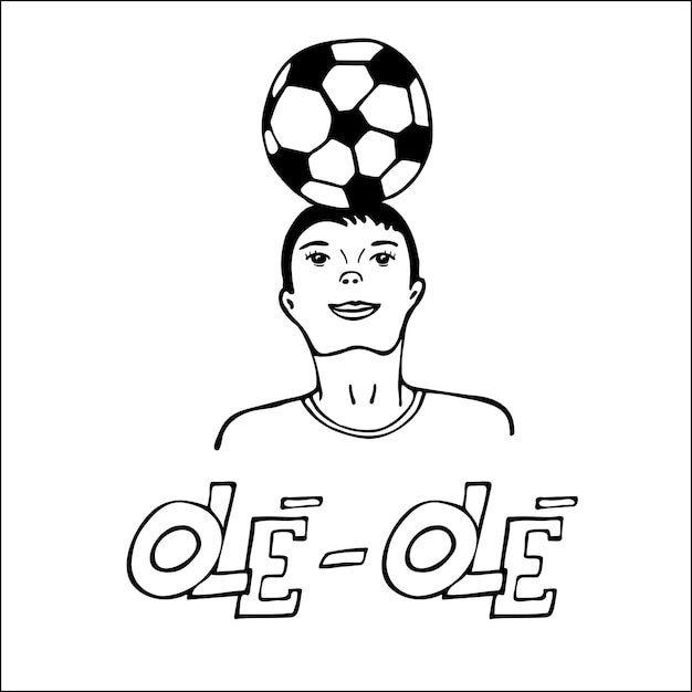 Voetballer. Jongen voetballen met een bal op zijn hoofd. Handgetekende doodle voetbal illustratie