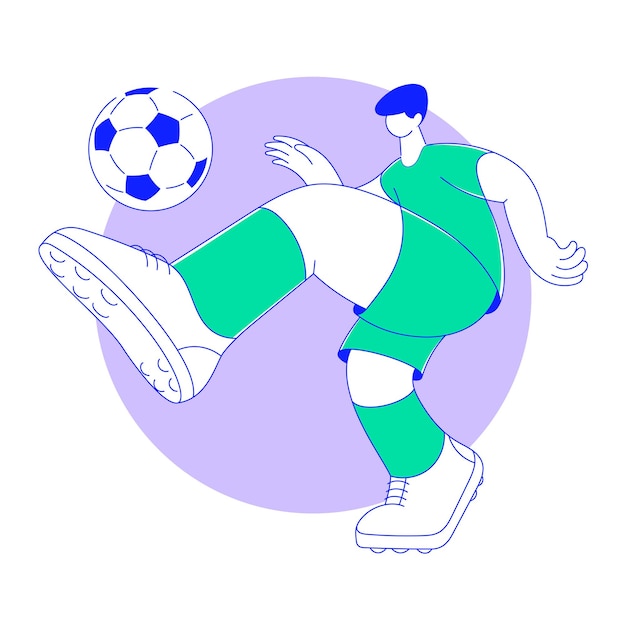 Voetballer schopt bal op lila achtergrond voetbal vectorillustratie van sport spel in vlakke stijl met omtrek bal raken geïsoleerde sjabloon van voetballer in groen uniform lijntekeningen