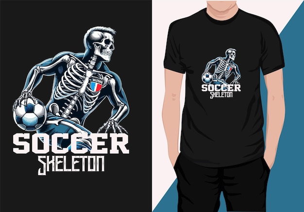 Vector voetbalskelet vector t-shirt ontwerp skelet dat voetbal speelt vintage illustratie