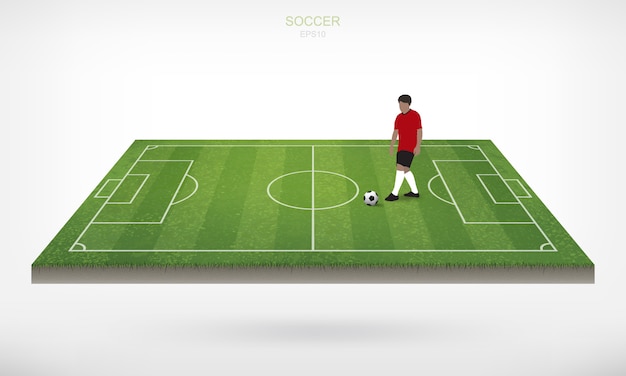 Voetbalspeler en voetbalvoetbalbal op gebied van voetbalgebied met witte achtergrond.