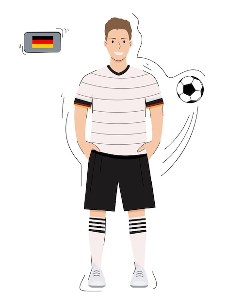 Voetbalteam Duitsland. Een man met een glimlach in een voetbaluniform met een bal. geïsoleerde vector