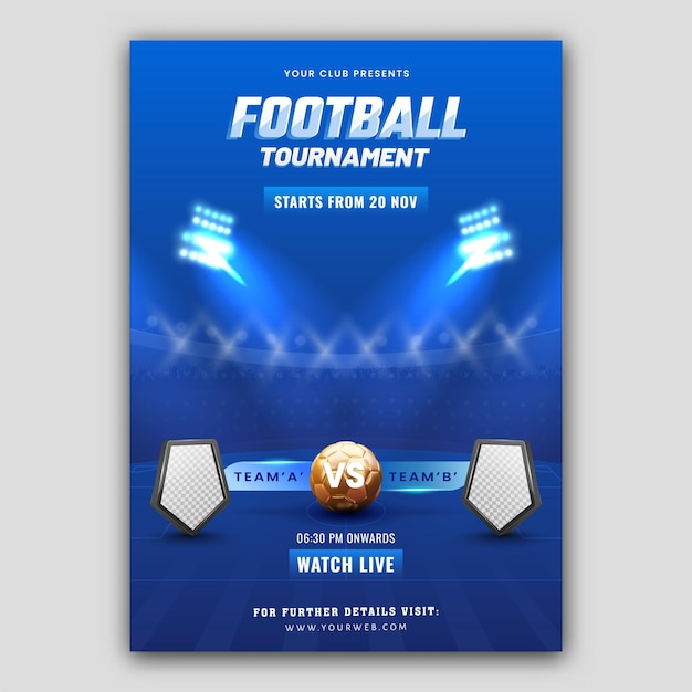 Voetbaltoernooi Flyer Design met 3D-gouden voetbal en leeg schild van deelnemend team A VS B op blauwe stadionlichten achtergrond