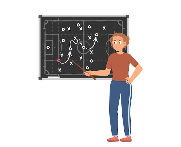 Voetbaltrainer en schema Voetbalcoachstrategie voor spelers die trainen voor sportteam Creatief tactiekverdedigingsplan op krijtbord fatsoenlijke vectorscène