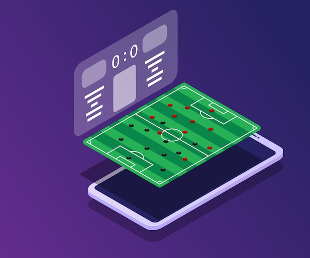 voetbalveld met scorebord-app in smartphone