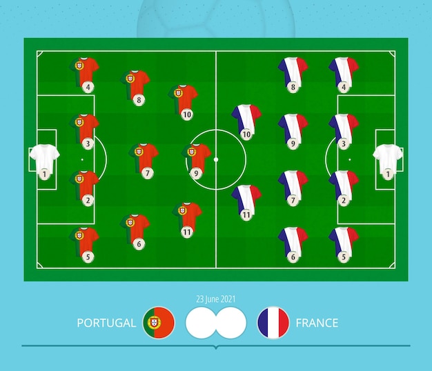 Vector voetbalwedstrijd portugal versus frankrijk, teams gaven de voorkeur aan line-upsysteem op voetbalveld.