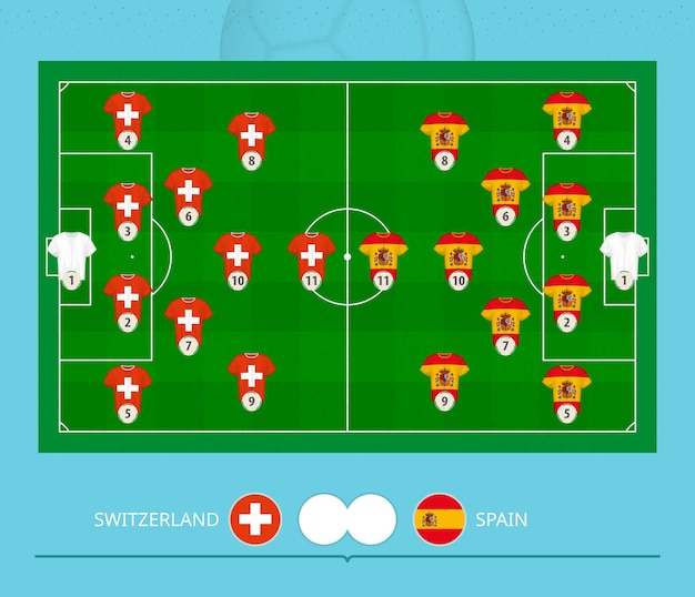 Voetbalwedstrijd Zwitserland versus Spanje, teams gaven de voorkeur aan line-upsysteem op voetbalveld. Vector illustratie.