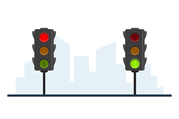 Voetgangersverkeerslicht op de stadsachtergrond. De verkeerslichten worden rood en groen