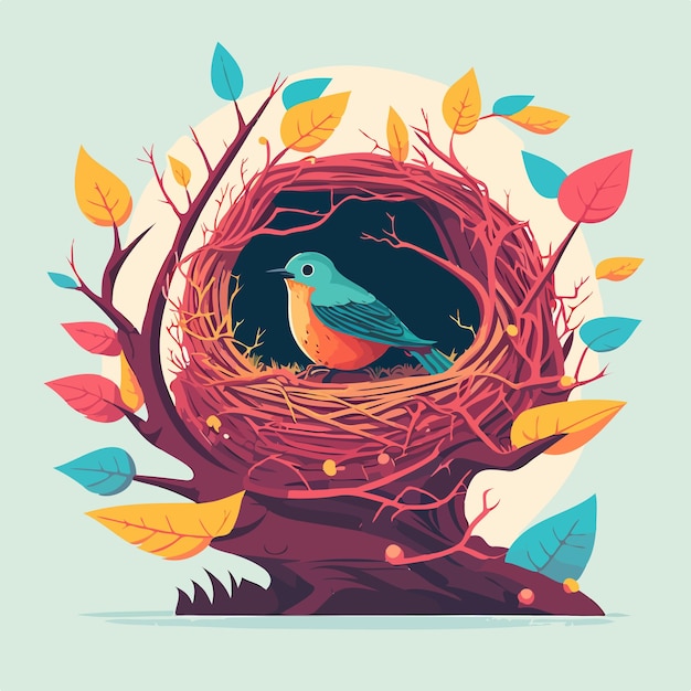 Vector vogel in een nest met herfstbladeren