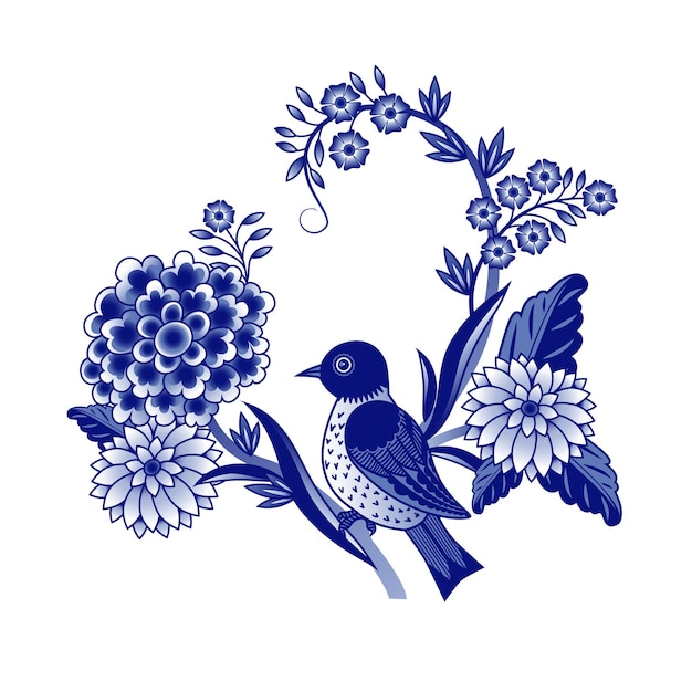 Vogel zittend op een bloeiende tak Blauwe en witte tekening. Chinese stijl decoratie vector sjabloon
