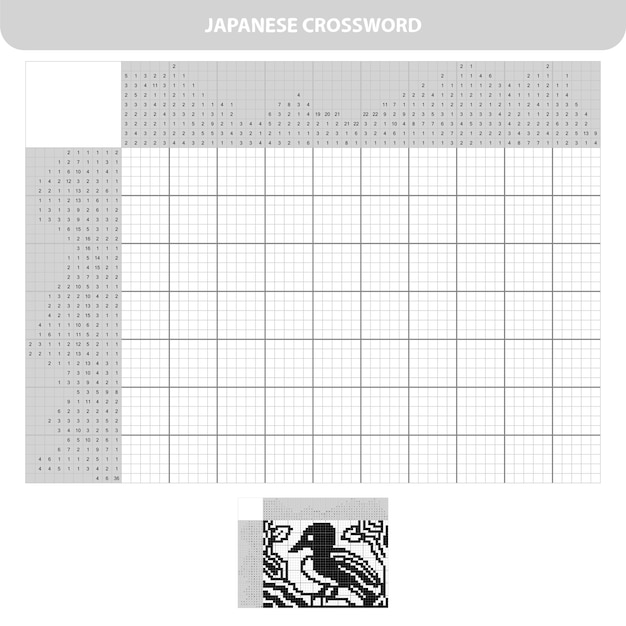 Vogel. Zwart-wit Japans kruiswoordraadsel met antwoord. Nonogram met antwoord. Grafisch kruiswoordraadsel. Puzzelspel voor kinderen.