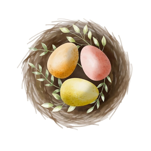 Vogelnest met gekleurde eieren en groene planten Handgeschilderde vector aquarel illustratie voor Happy Easter tekening voor uitnodiging of wenskaart