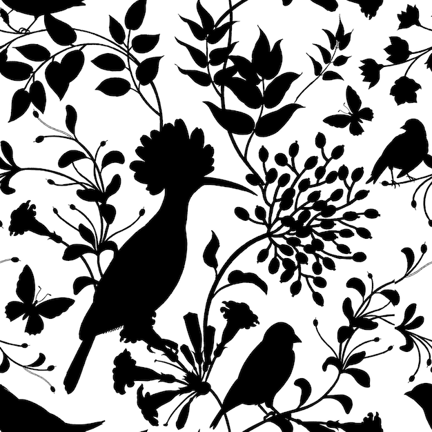 Vogels en bloemen naadloos patroon vintage zwart silhouet op witte achtergrond