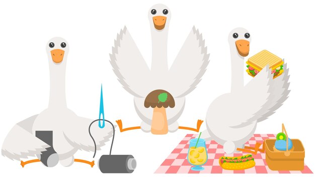 Vector vogels gans, ganzen, vonden een paddestoel, breien een sok, eten een sandwich op een picknick vector design