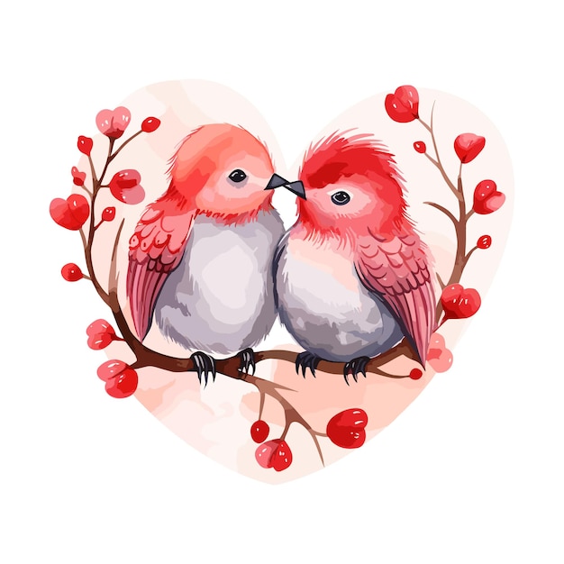 Vector vogels in liefde valentijnsdag eeuwige liefde vogels en hart aquarel illustratie