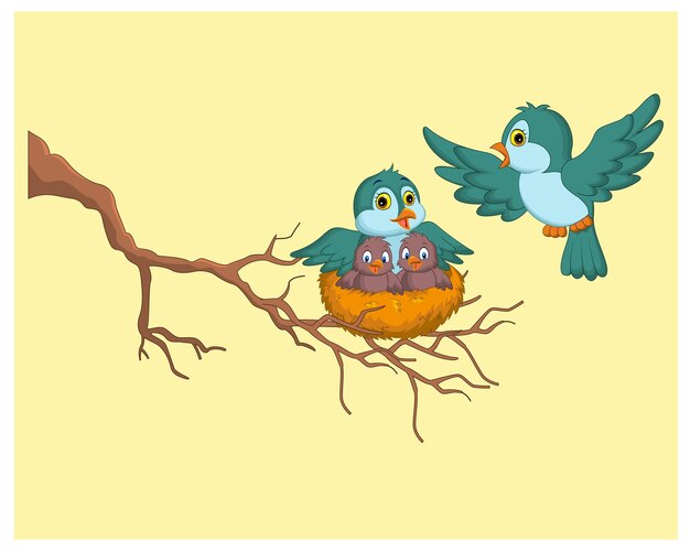 Vogels met haar twee jongen in het nest vector illustratie