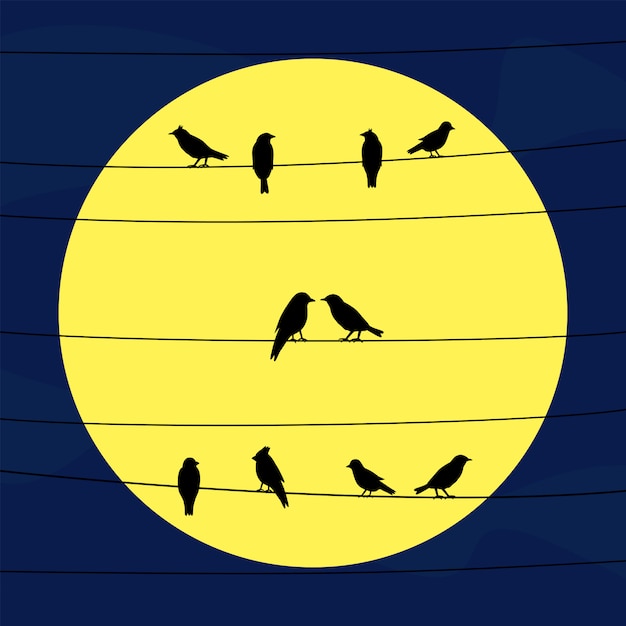 Vogels op draden in volle maanlicht