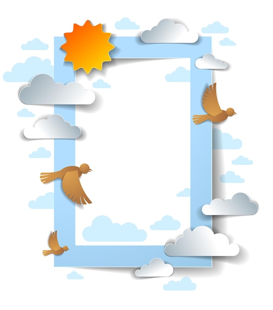 Vogels vliegen in de lucht tussen prachtige wolken en zon, achtergrond of frame met kopie ruimte voor tekst, wenskaart, zomer cloudscape, vectorillustratie in papier knippen kinderen stijl.