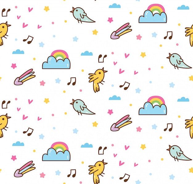 Vogels zingen in de lucht kawaii patroon