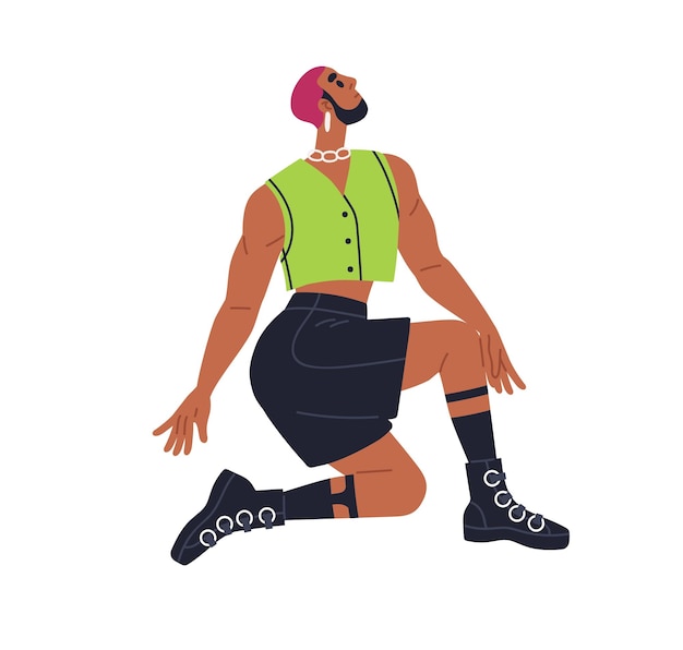 Vogue danser performer in pose Moderne sassy sexy man dansen zittend knielende positie Fashion trendy funky freaky guy tijdens optreden Platte vector illustratie geïsoleerd op witte achtergrond